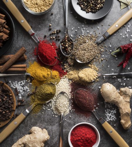 top-view-spoons-bowls-with-spices